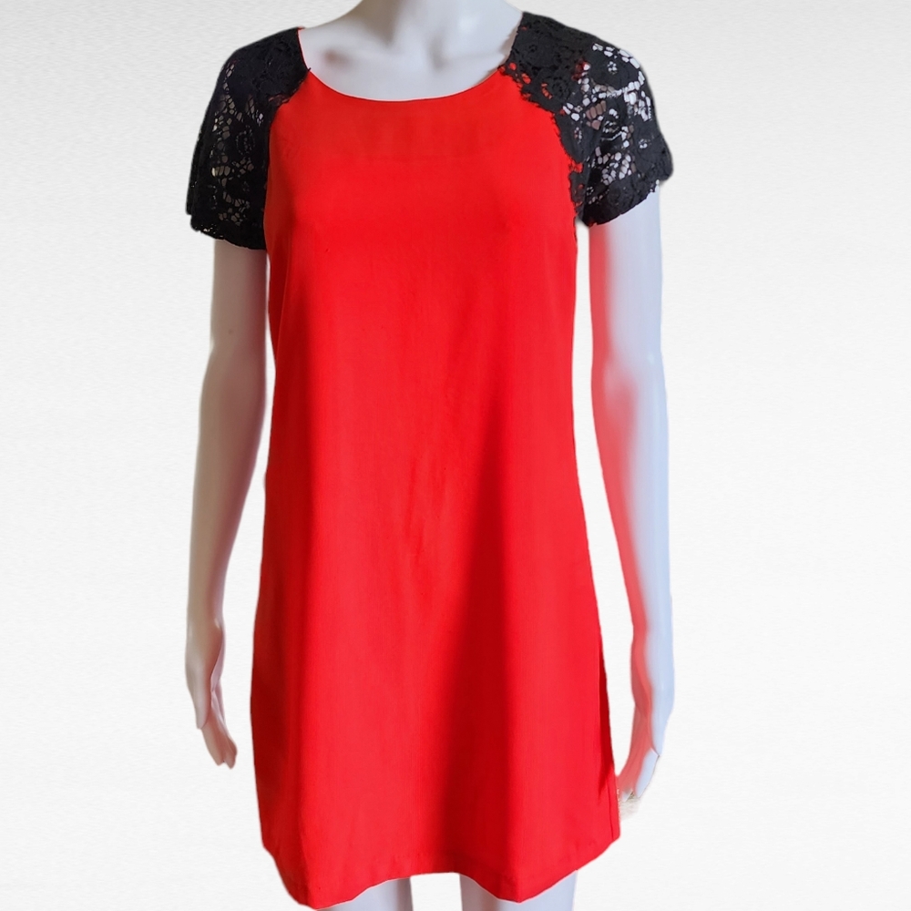 Camilla Tree Red Black Lace Contrast Shift Tunic Mini Dress Size Small